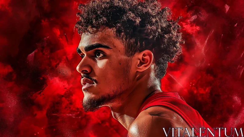 Intense basketball portrait glows against fiery red backdrop.