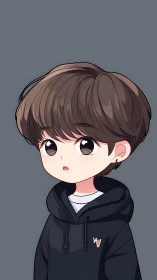 Soft-eyed chibi boy in hoodie gazes ahead in quiet wonder