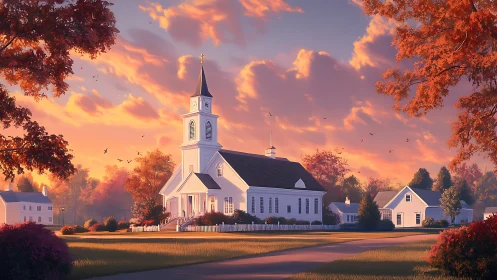 Autumn sunrise crowns a white country church in quiet grace.