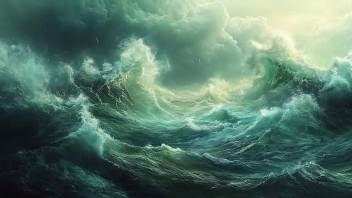 Stormy green ocean waves beneath dense overcast sky.