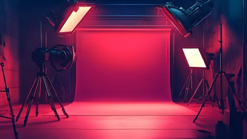 Neon-lit photo studio glows with cinematic red backdrop ambiance