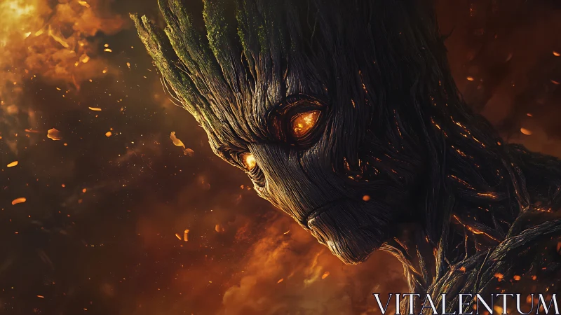 Wooden humanoid figure with glowing eyes in ember field.