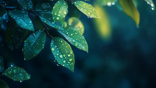 Rain-kissed green leaves glisten softly in twilight calm
