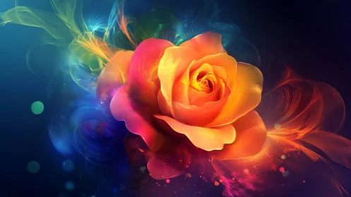 Luminous Rose with Chromatic Light Trails and Particle Effects