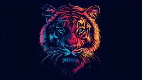 Neon colored tiger head rendered on dark background