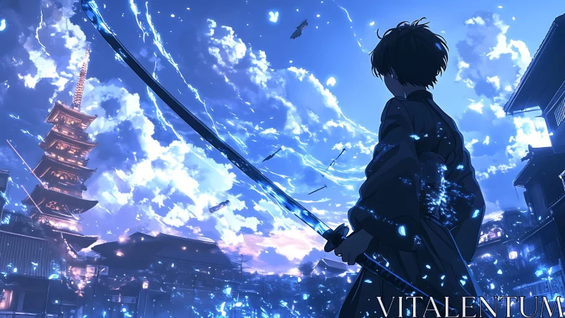 Samurai observes stormlit sky over neon-lit pagoda city