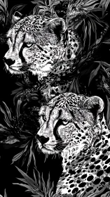 Two leopards rendered in high-contrast black and white engraved technique