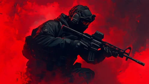 Special forces soldier with rifle in red smoke field.