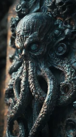 Eldritch cephalopod skull relief in corroded metalwork.