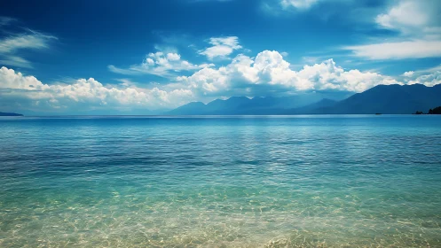 Low-angle shoreline panorama reveals stratified water clarity and cloud depth