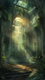 Sunlit vines reclaim a forgotten glass hall with quiet grace