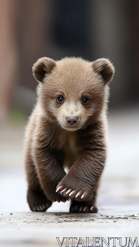 Curious little bear cub taking confident city footsteps.