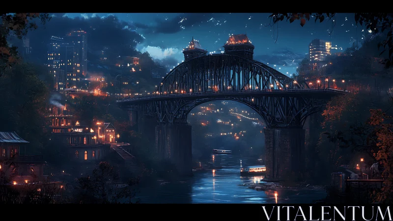 Nocturnal river bridge cityscape in cinematic digital painting.