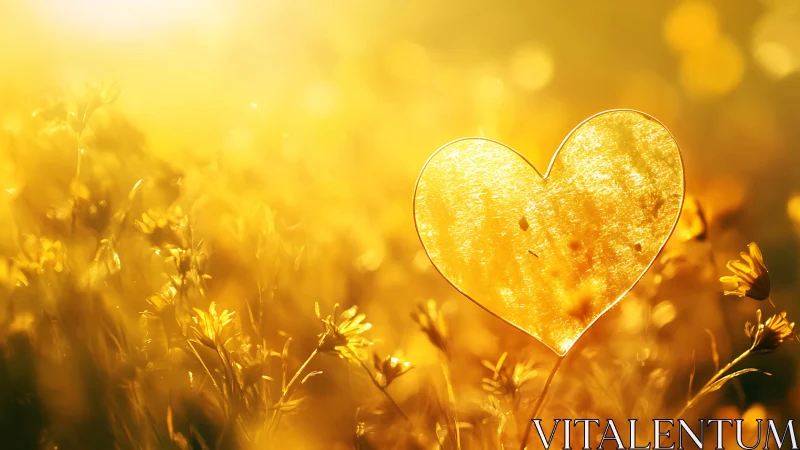 Backlit translucent heart shape in golden bokeh wildflower field