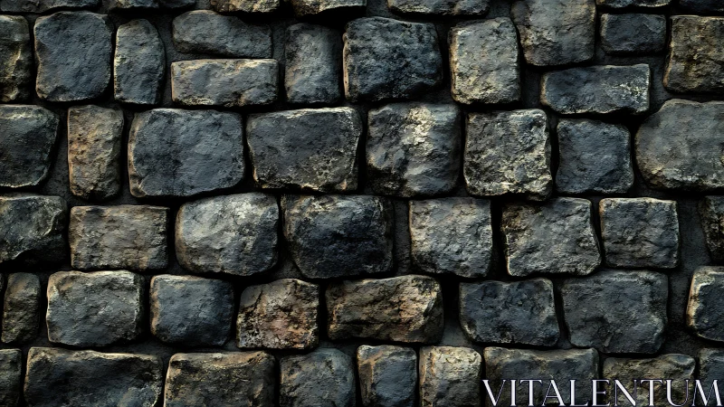 Dark weathered stone block wall with rough surfaces.