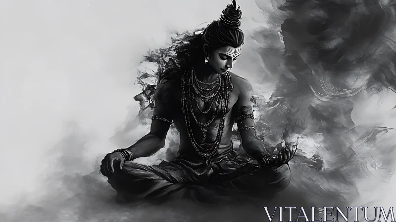 Monochrome seated figure in smoke with extended right hand.