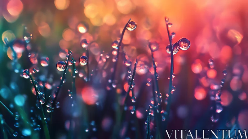 Macro water droplets on grass blades under vivid backlight