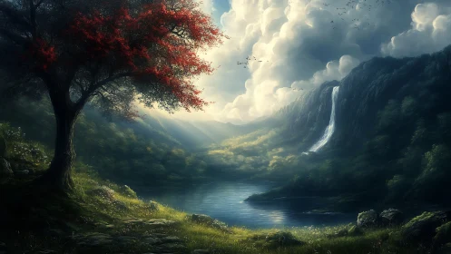 Crimson tree beside tranquil lake under radiant clouds.