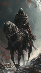 Shadowed rider crossing a misty mountain pass at dusk.