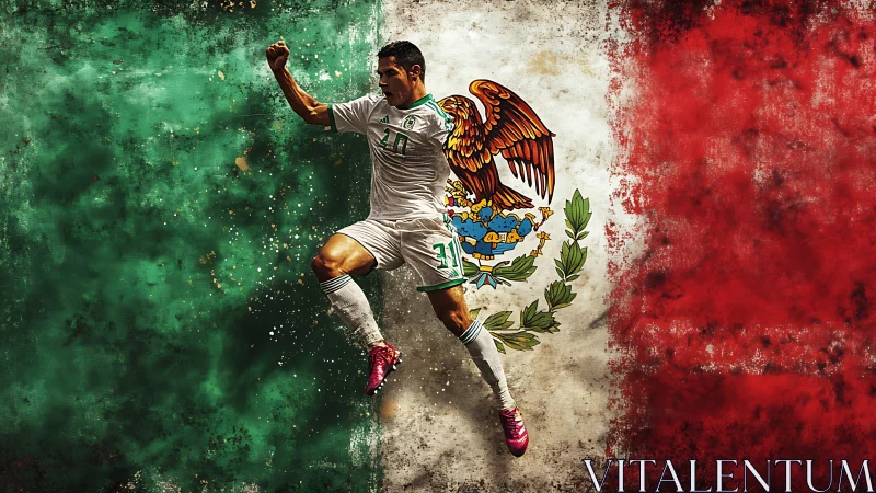 Mexican soccer player jumping in front of national flag.