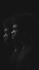 Twin silhouettes drift through charcoal light, quietly divided.