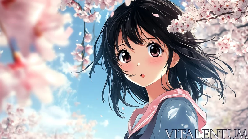 Anime schoolgirl under cherry blossoms in springtime.