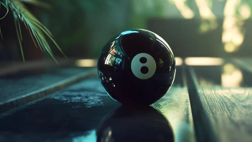 Photorealistic eight ball on wet deck with shallow focus.