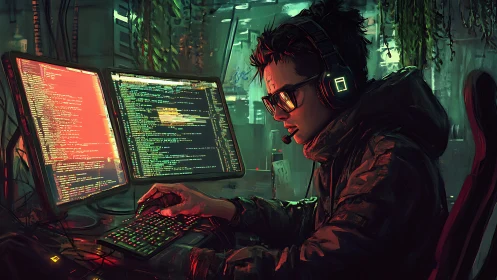 Midnight coder bends neon light into cascading lines of logic