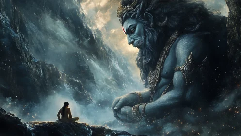 Colossal blue deity confronting lone meditating wanderer in gorge