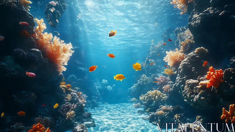 Sunlit coral reef corridor holds colorful tropical fish