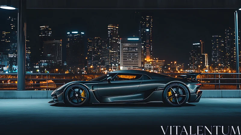 Midnight hypercar profile framed by illuminated urban skyline.