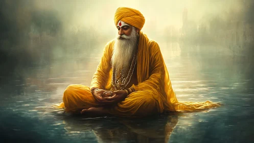 Mystical Sikh elder in saffron robes meditating on reflective water