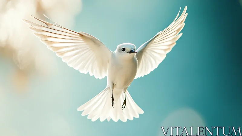 Elegant white bird in flight against soft blue background, realistic.