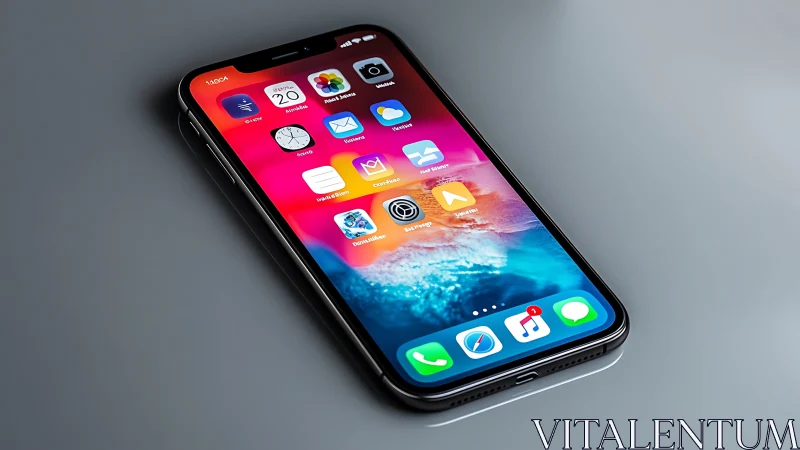 Modern iPhone displaying vibrant homescreen interface against neutral backdrop.