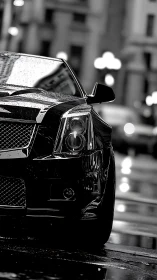 Black luxury sedan reflects city lights on wet street