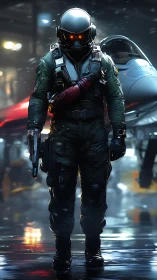 Armored pilot with sidearm in wet night airbase hangar.