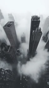 Fog-covered skyscrapers in dense monochrome cityscape.