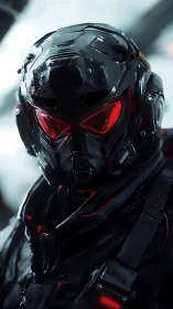 Tactical exosuit operative with red HUD visor and glossy armor