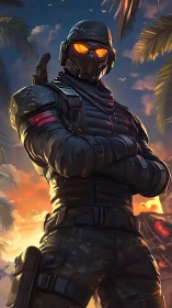 Sunset stealth operative standing guard beneath palm skies.