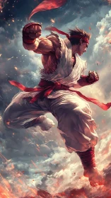 Martial artist in midair strike over clouds and embers.