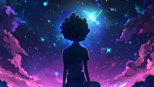 Stargazing dreamer beneath neon clouds and midnight constellations.