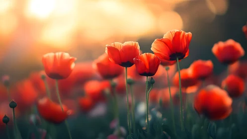 Red poppies photographed at sunrise with selective focus depth
