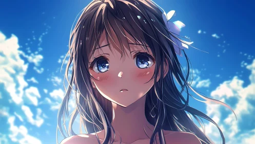 Summer sky hushes behind a wistful, sea-eyed girl