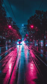 Neon-saturated tram corridor under nocturnal urban overcast.