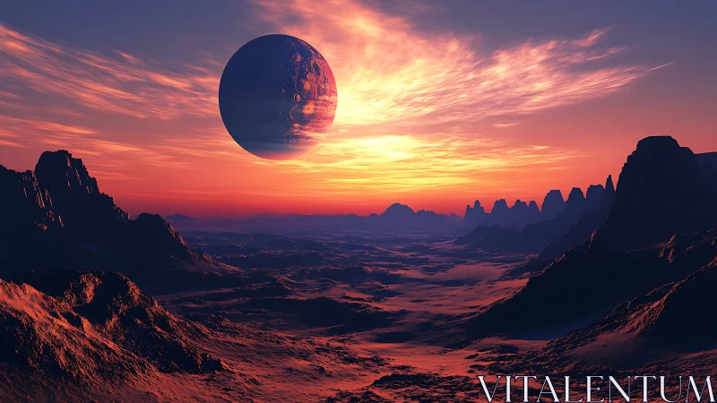 Sunlit alien valley under a glowing distant planet sky.