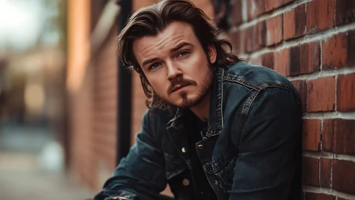 Brooding young man in denim by sunlit brick wall portrait.