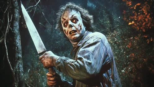Knife-wielding masked figure stands menacingly in dark forest