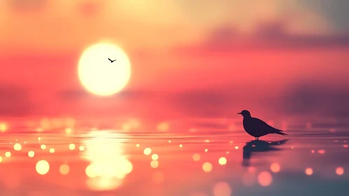 Gentle seaside bird resting under a glowing pastel sunset.