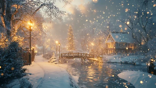 Snowy riverside village glows under golden winter lights.