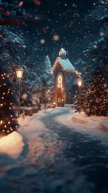 Snowy Christmas lane leads to a warmly lit festive chapel.